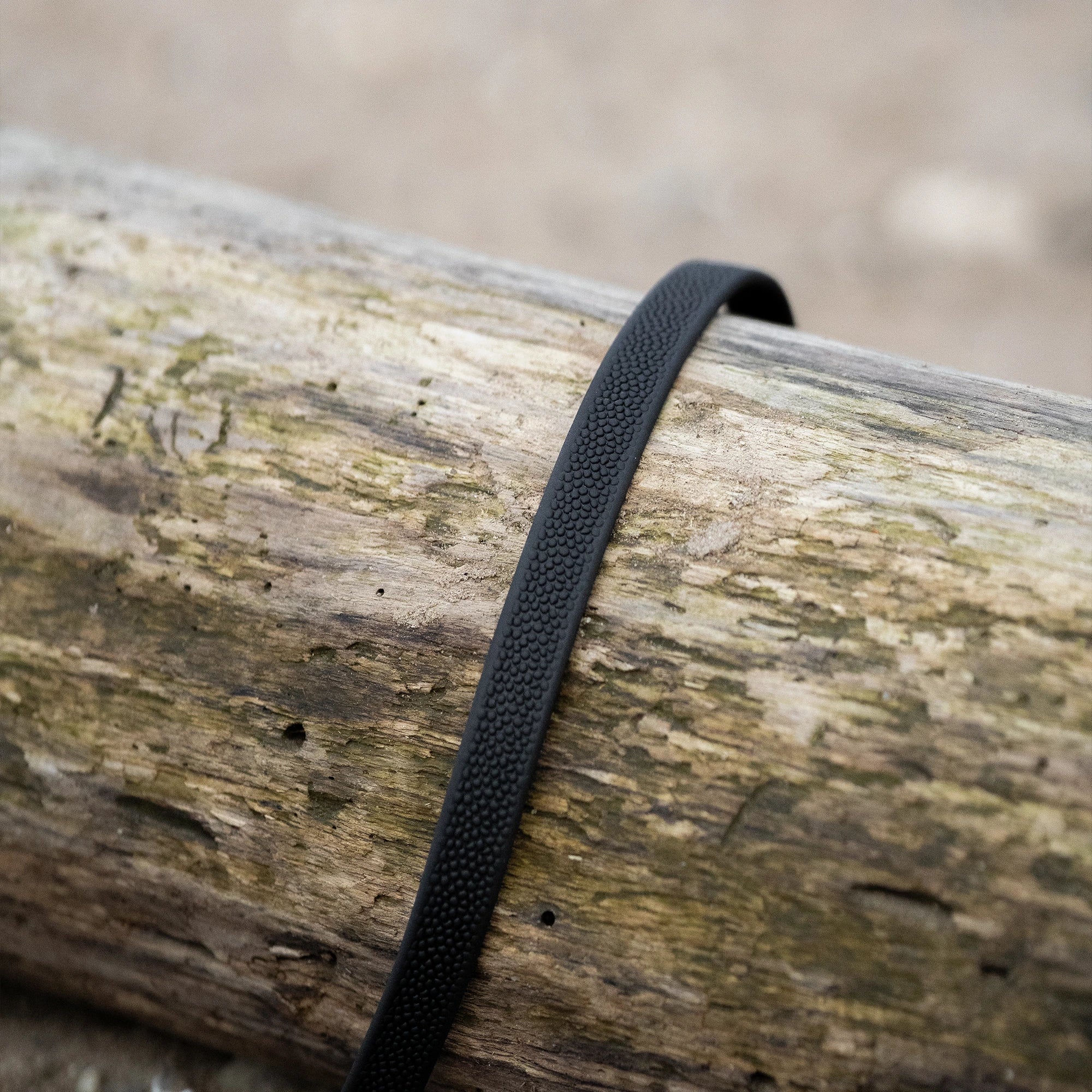 schwarze Footballgrip Biothane Hundeleine auf einem Holzstamm