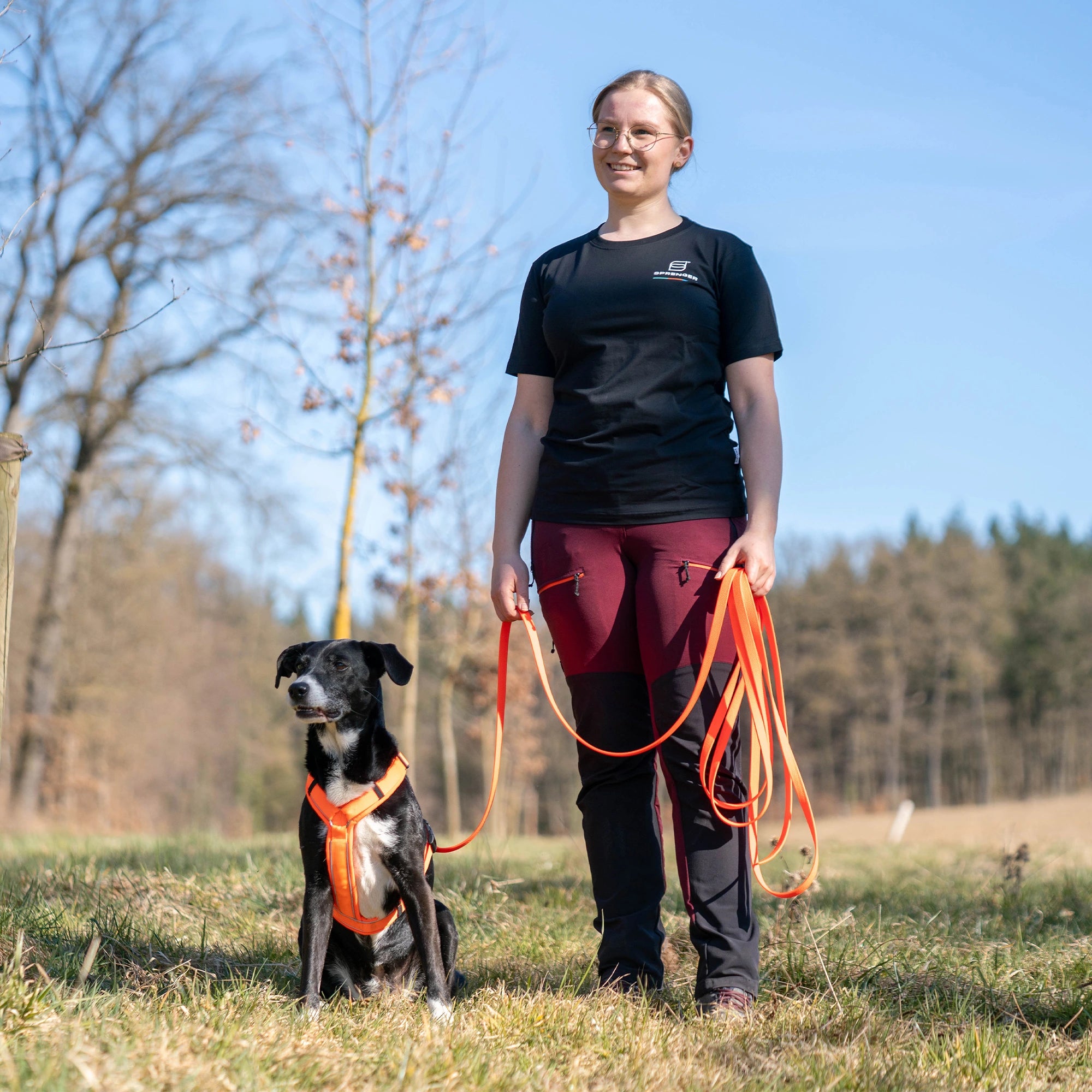 Frau und Hund mit orangenen Y-Geschirr und orangener Footballrip Biothne Hundeleine auf der Wiese