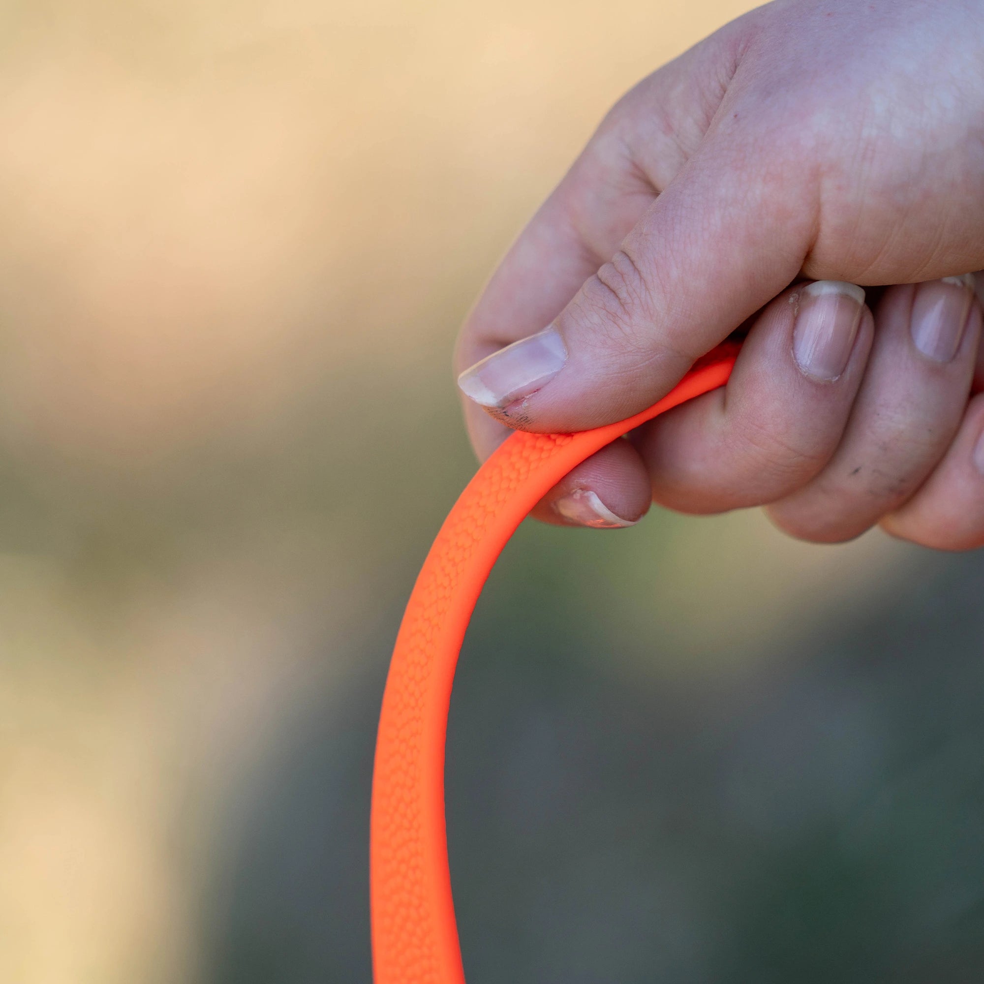 Nahaufnahme Biothane Footballgrip Hundeleine in der Hand