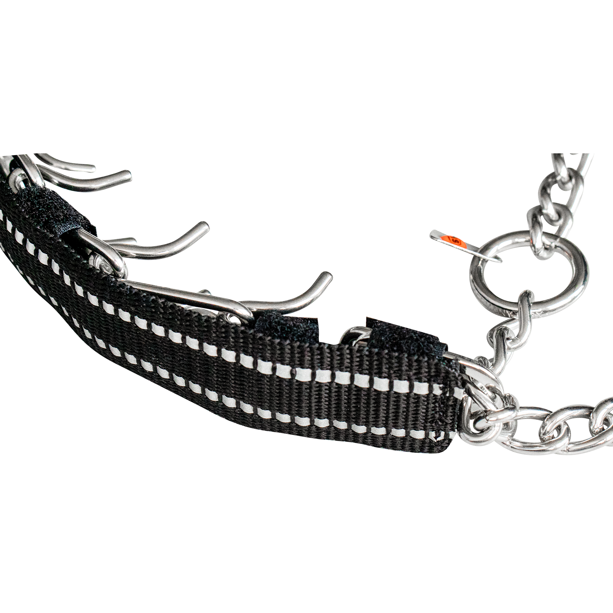 Edelstahl Dressurhalskette in schwarz reflektierender Verkleidung