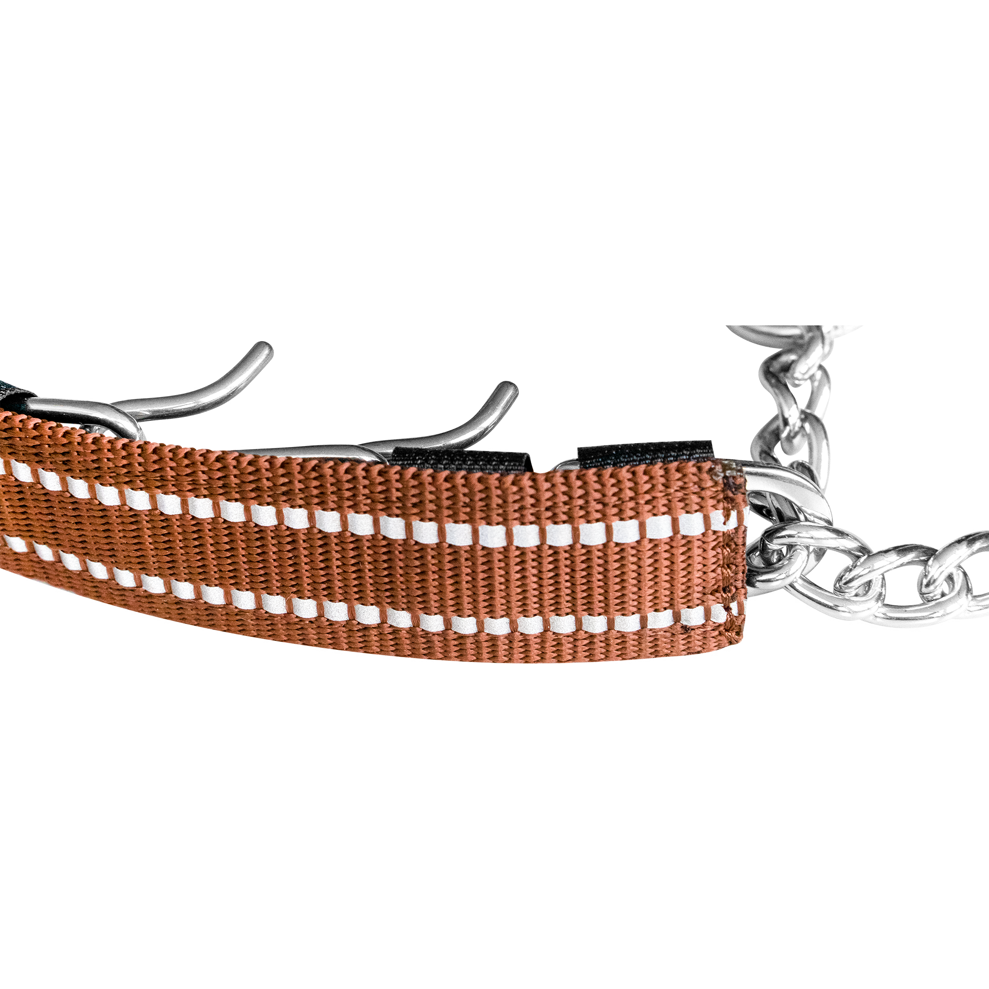 Aussenansicht Edelstahl Dressurhalskette mit braun reflektierender Verkleidung