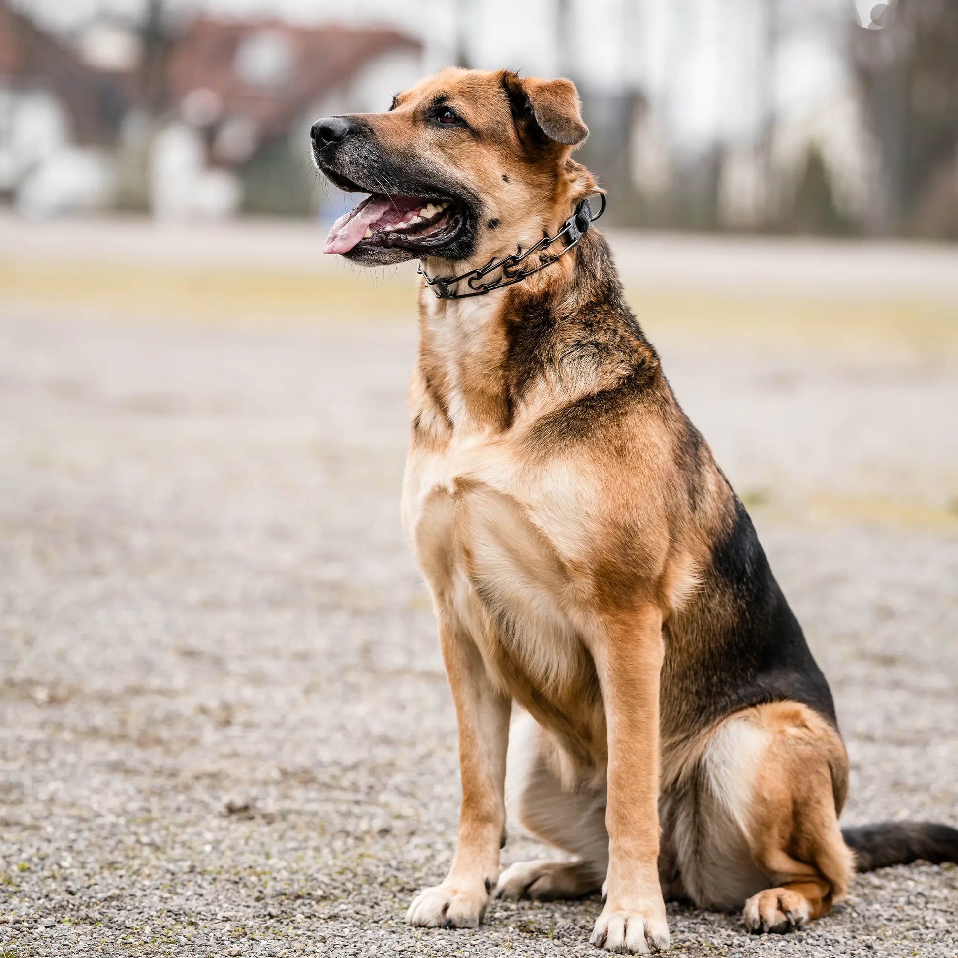 Hund mit schwarzer Edelstahl Dressurhalskette sitzend