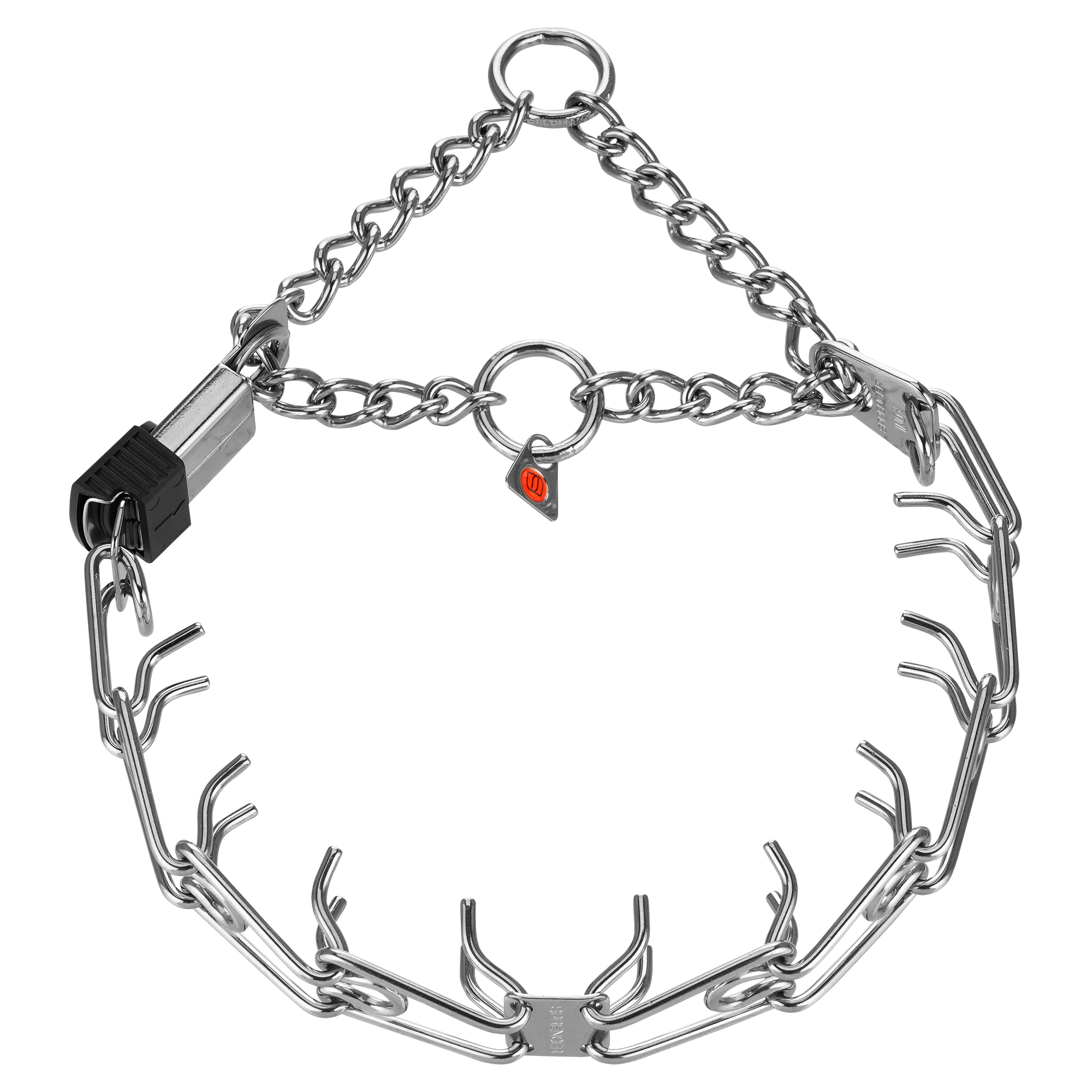 ULTRA-PLUS Collar de pinchos con placa central, cadena de semi-ahogo y ClickLock - Acero inoxidable