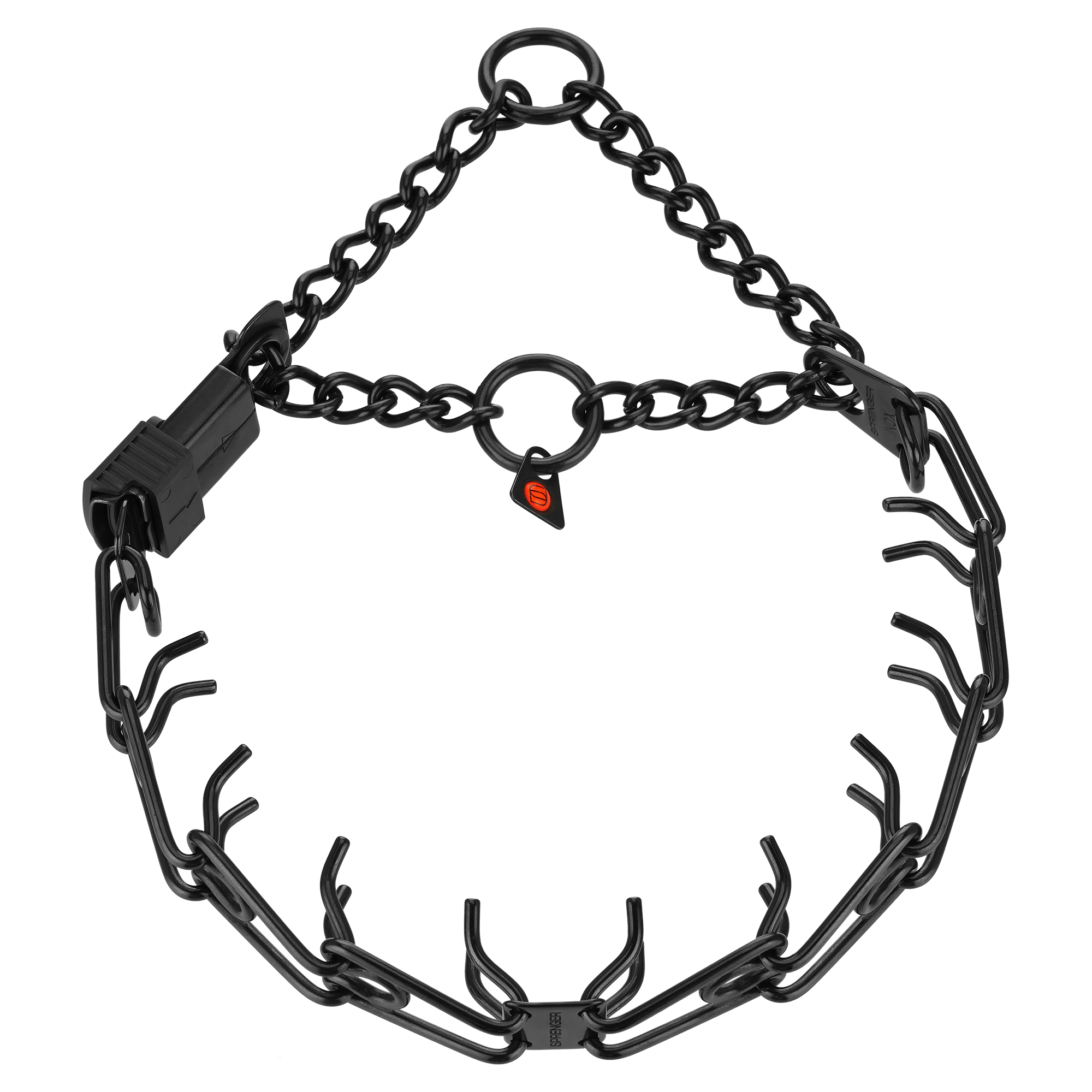 ULTRA-PLUS Collar de pinchos con placa central, cadena de semi-ahogo y ClicLock - Acero inoxidable negro