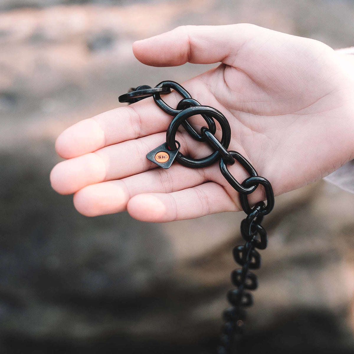 Kettenhalsband Edelstahl schwarz auf der Hand