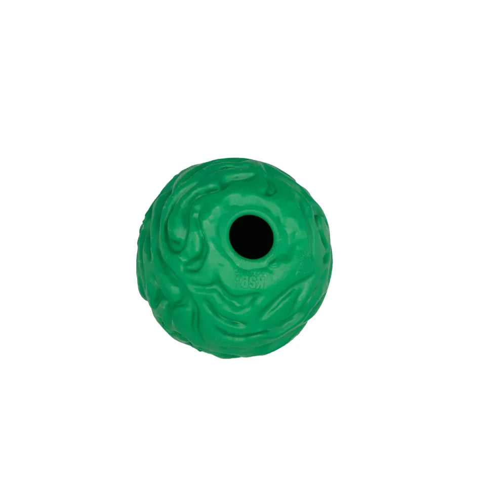 grüner Hundepielball für Welpen aus Naturkautschuk mit leichten Rillen und Loch zum befüllen