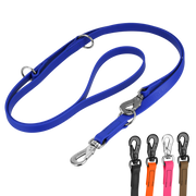 Produktbild BioThane Hundeleine 3-fach-verstellbar, blaue Leine mit Edelstahl Haken und Beschlägen, verschiedenen Farbkombinationen, schwarze, orangene und braune Leine mit schwarzem Edelstahlhaken, pinke Leine mit Edelstahlhaken