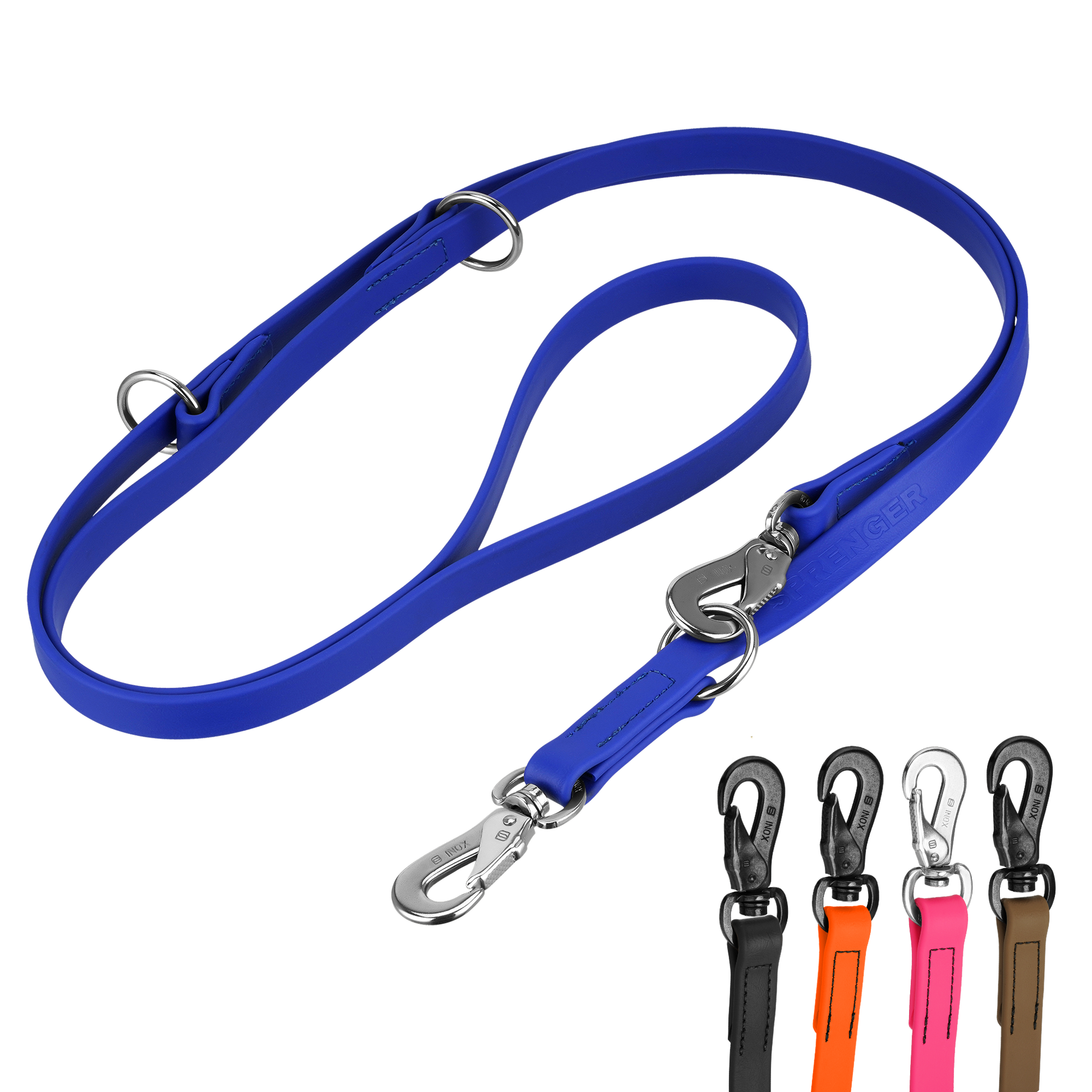 Produktbild BioThane Hundeleine 3-fach-verstellbar, blaue Leine mit Edelstahl Haken und Beschlägen, verschiedenen Farbkombinationen, schwarze, orangene und braune Leine mit schwarzem Edelstahlhaken, pinke Leine mit Edelstahlhaken
