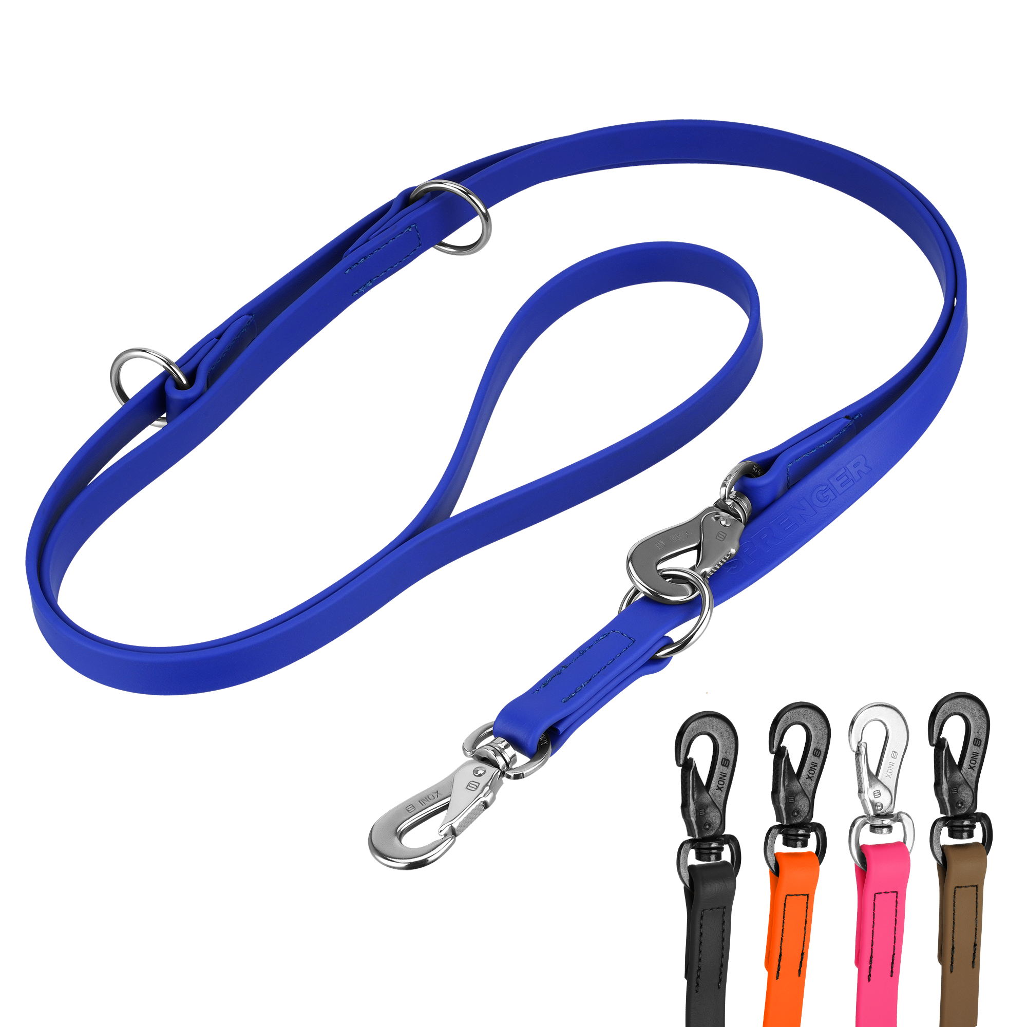 Produktbild BioThane Hundeleine 3-fach-verstellbar, blaue Leine mit Edelstahl Haken und Beschlägen, verschiedenen Farbkombinationen, schwarze, orangene und braune Leine mit schwarzem Edelstahlhaken, pinke Leine mit Edelstahlhaken