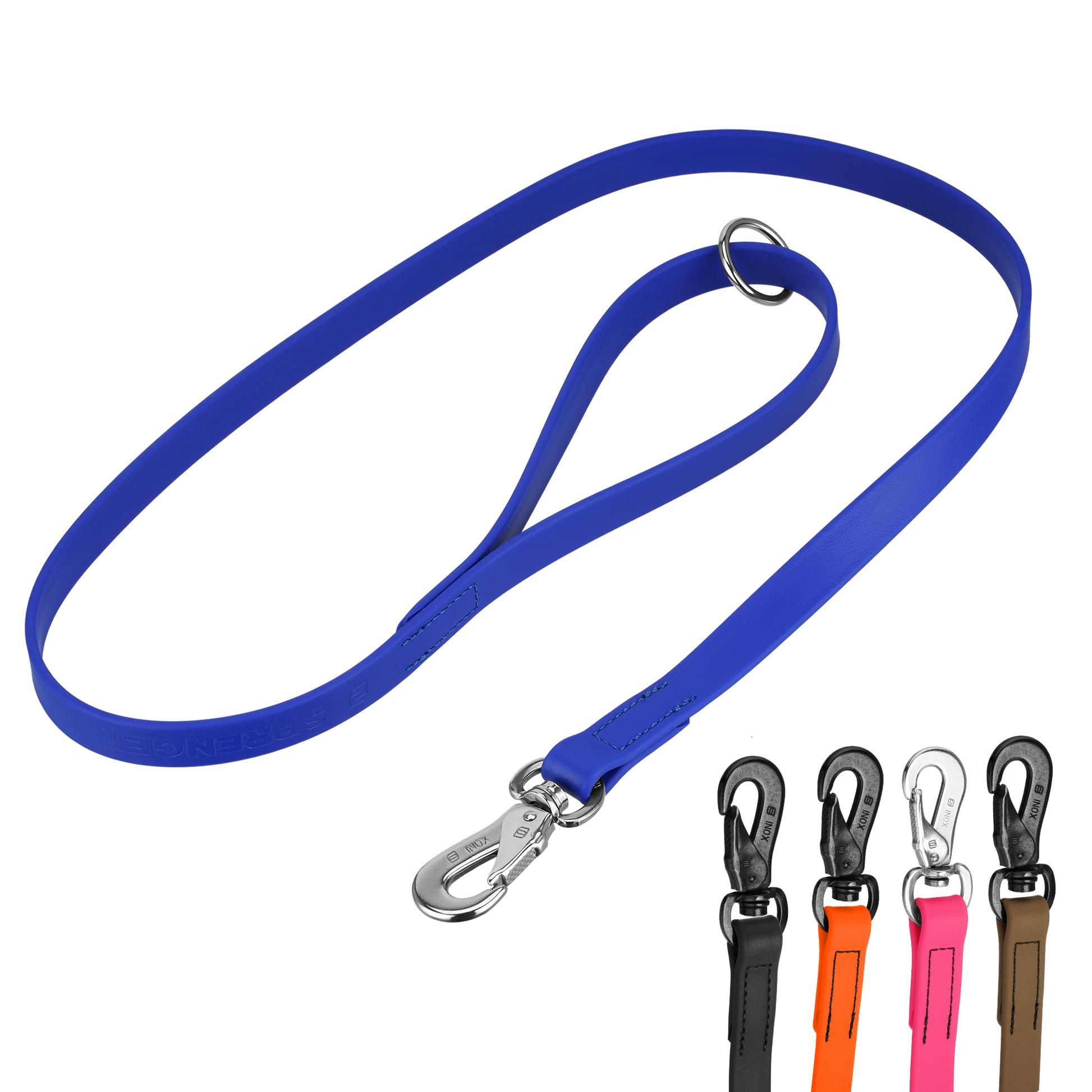 Produktbild BioThane Hundeleine 1,2m blaue Leine mit Edelstahl Haken, verschiedenen Farbkombinationen, schwarze, orangene und braune Leine mit schwarzem Edelstahlhaken, pinke Leine mit Edelstahlhaken