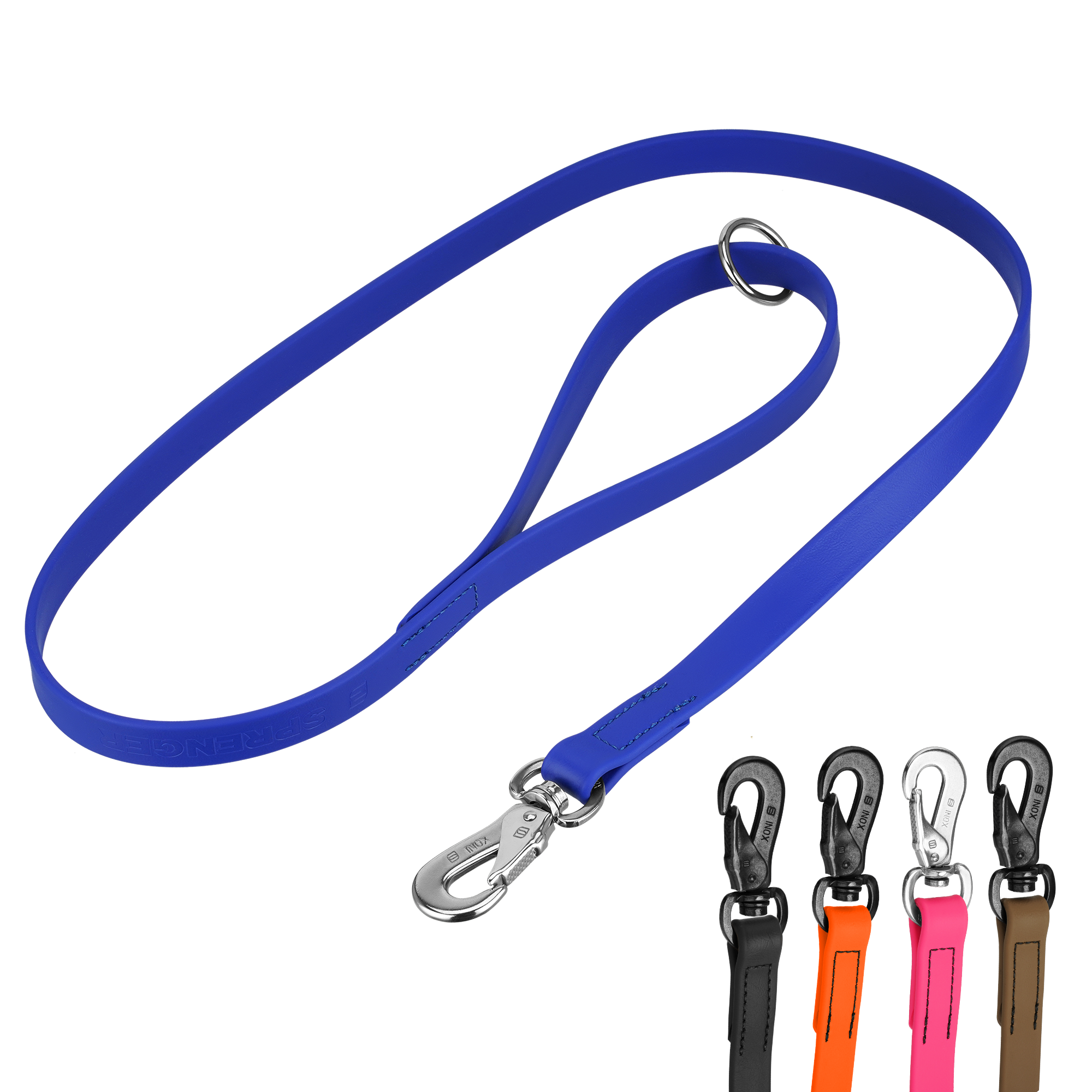 Produktbild BioThane Hundeleine 1,2m blaue Leine mit Edelstahl Haken, verschiedenen Farbkombinationen, schwarze, orangene und braune Leine mit schwarzem Edelstahlhaken, pinke Leine mit Edelstahlhaken