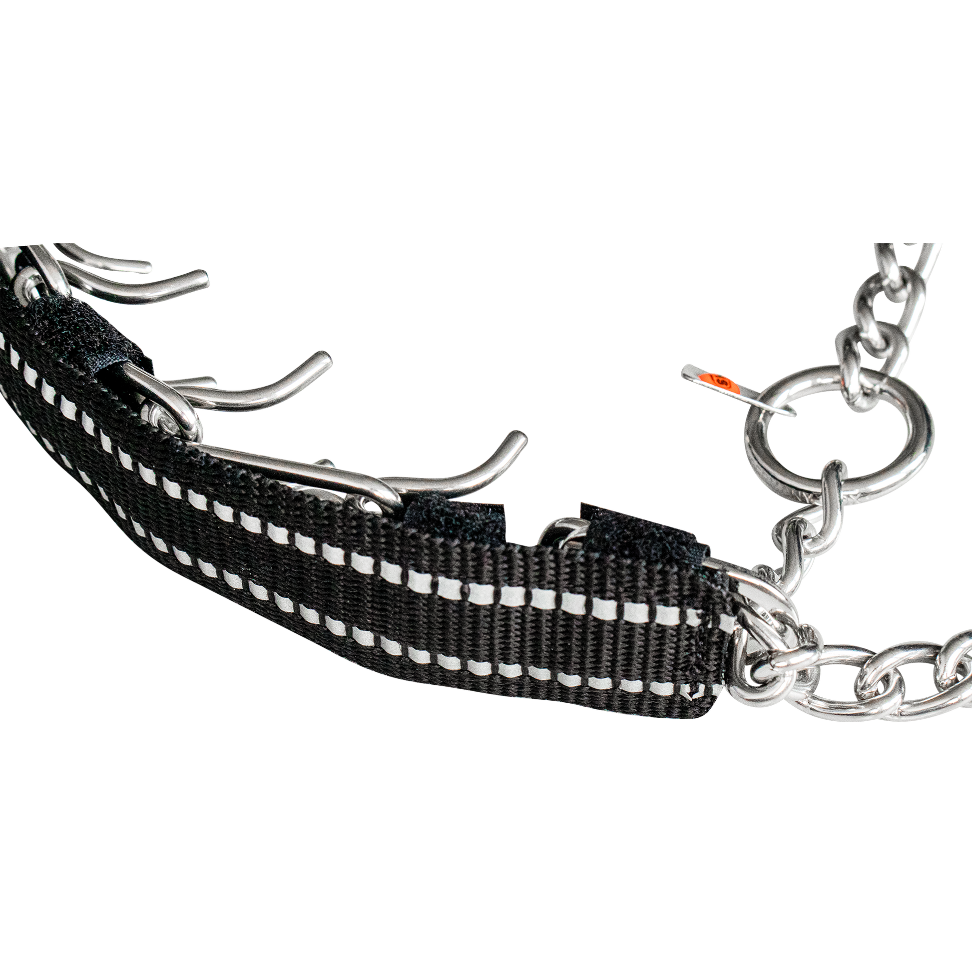 Edelstahl Dressurhalskette in schwarz reflektierender Verkleidung