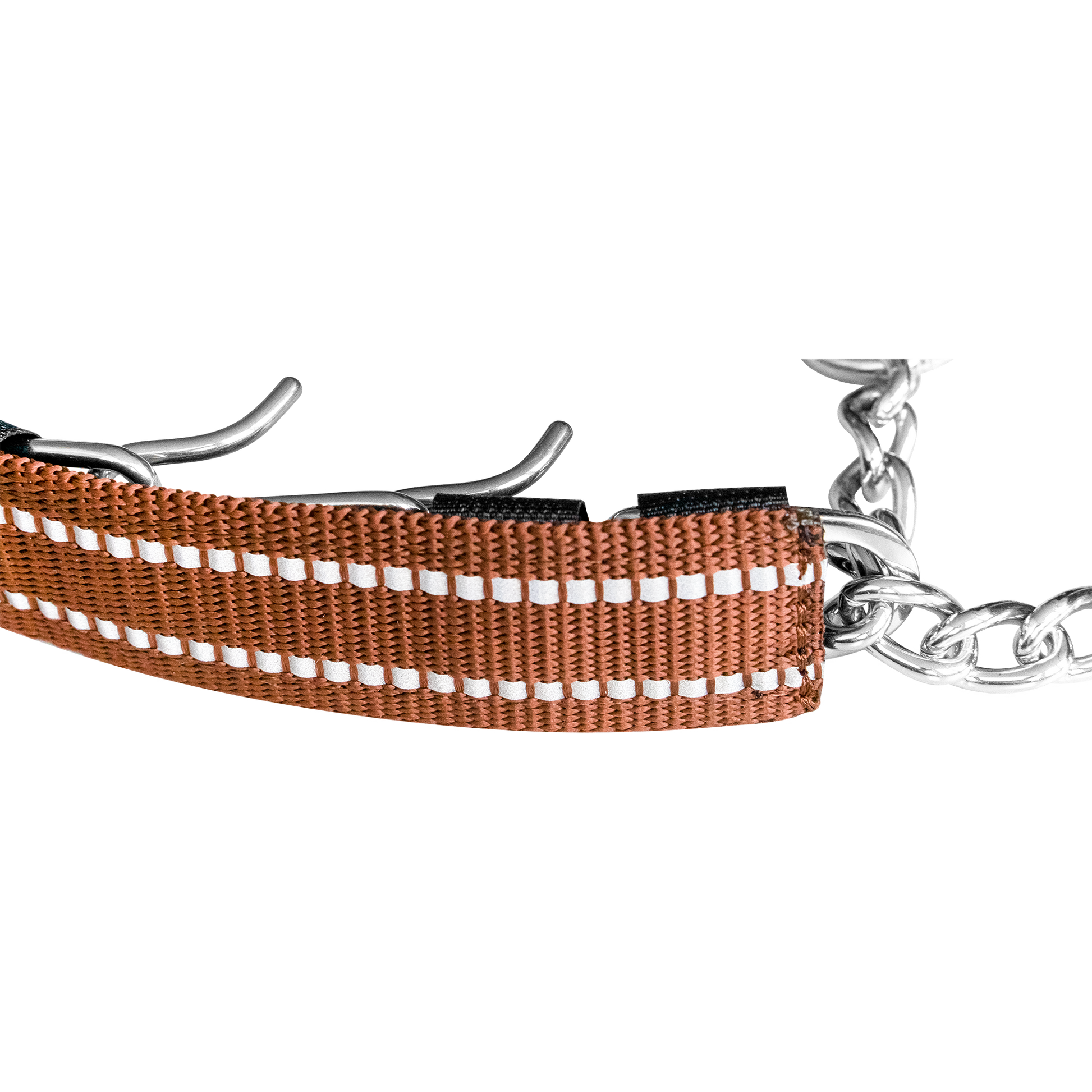 Aussenansicht Edelstahl Dressurhalskette mit braun reflektierender Verkleidung