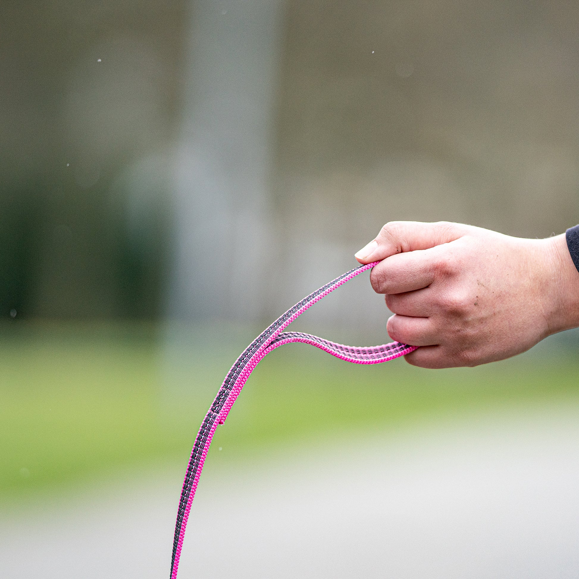 Handschlaufe der pinken gummierten Hundeleine in der Hand