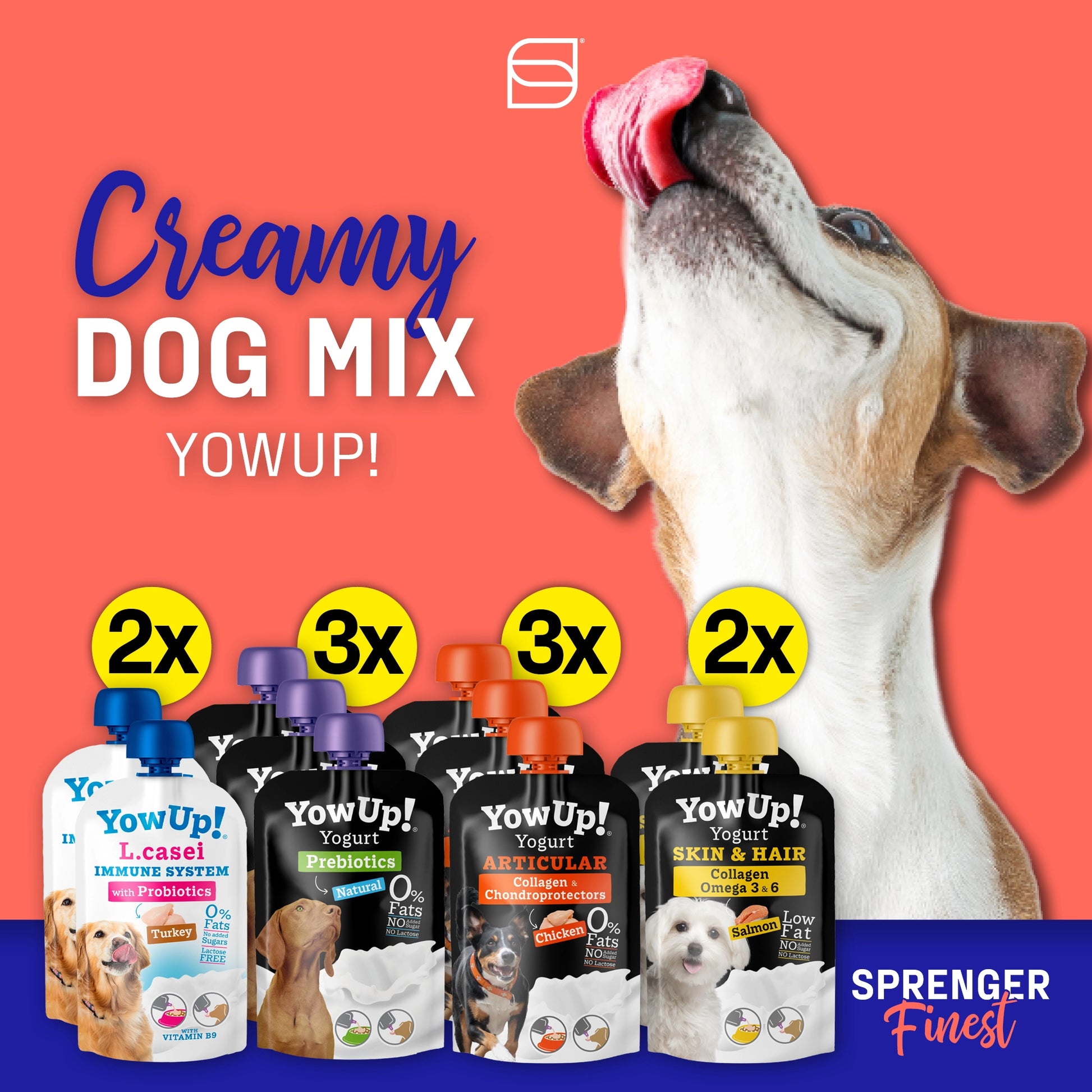 Creamy Dog Mix YowUp! In der gemischten Packung Hundejoghurt sind jeweils 3 Stück des Natural und Chicken Geschmacks und jeweils 2 von Truthahn und Lachs Geschmack